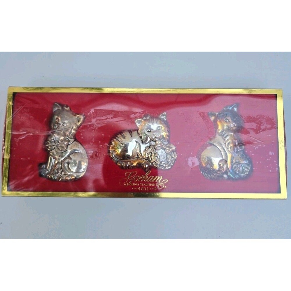Gorham Set of 3 Silverplated Cat Ornaments NIB Christmas Holiday Decor